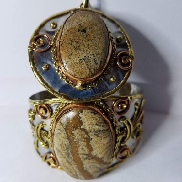 New With Tags Artisan Crafted Natural Picture Jasper Necklace and Cuff Bracelet - Picture 5 of 6